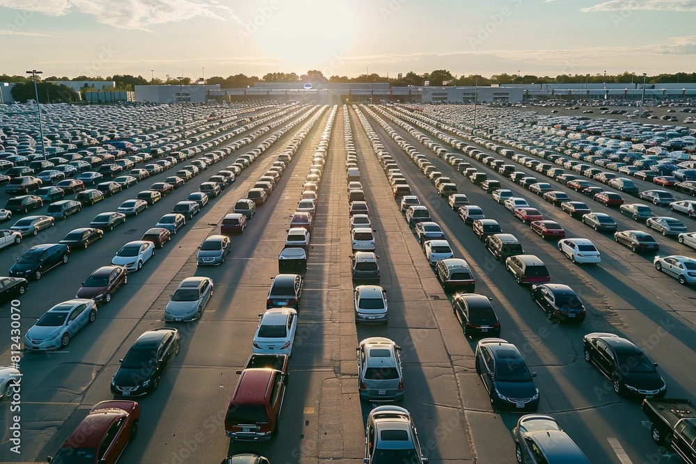 A busy parking lot at a car dealership, filled with rows of various preowned vehicles on display