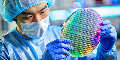 asian male technician in sterile coverall holds wafer that reflects many different colors with gloves and check it at semiconductor manufacturing plant photo