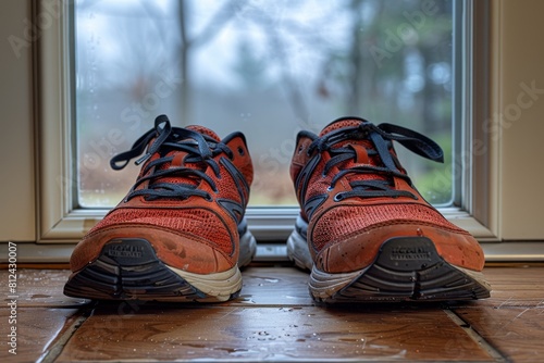 Wet, orange trail running shoes resting on a rain-splattered window sill, highlighting their rugged usage.