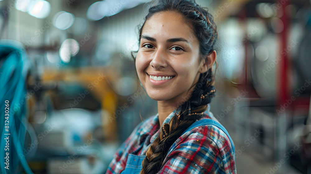 Obraz premium A happy Hispanic woman working in a workplace poses with her back to the camera