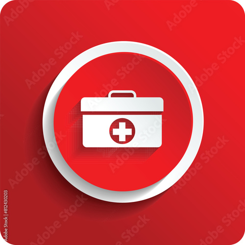 First aid kit on red background. Medical box with cross icon. EPS Vector.