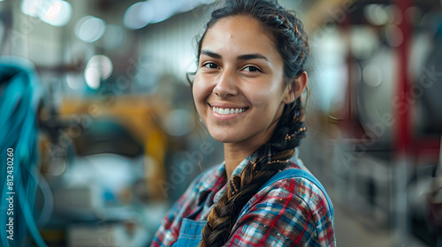 A happy Hispanic woman working in a workplace poses with her back to the camera