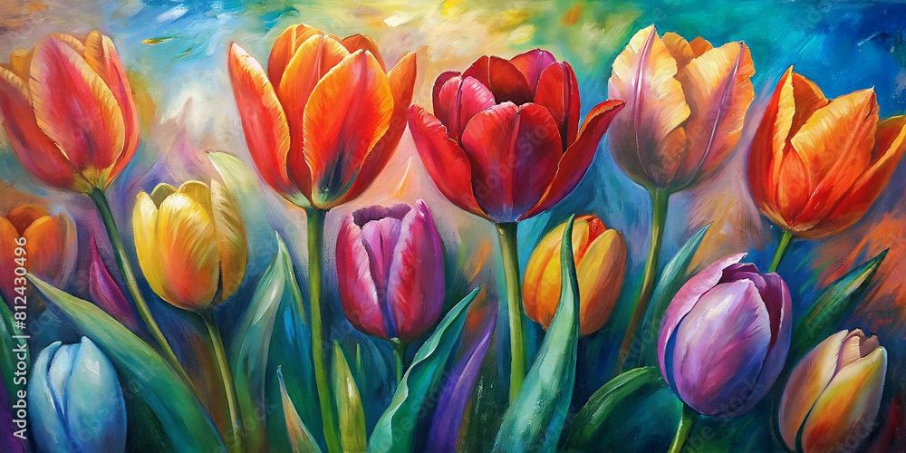 Spring summer tulips flower background banner panorama - Abstract oil acrylic painting of colorful tulip field on canvas Spring summer tulips flower background banner panorama - Abstract oil acrylic painting of colorful tulip field on canvas