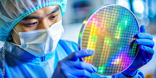 asian male technician in sterile coverall holds wafer that reflects many different colors with gloves and check it at semiconductor manufacturing plant photo