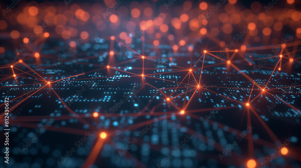 Abstract digital network background with glowing connections and nodes in orange and blue colors. Big data technology concept Abstract digital network background with glowing connections and nodes in orange and blue colors. Big data technology concept