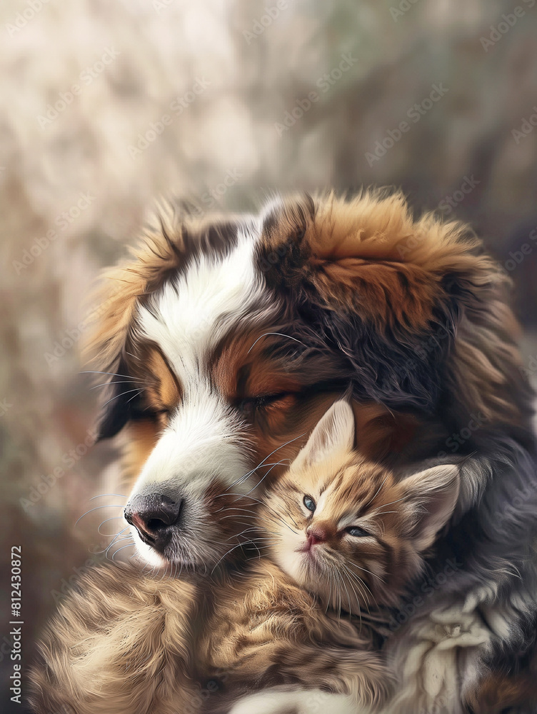 The puppy hugged the kitten with love on blury background, AI generative The puppy hugged the kitten with love on blury background, AI generative