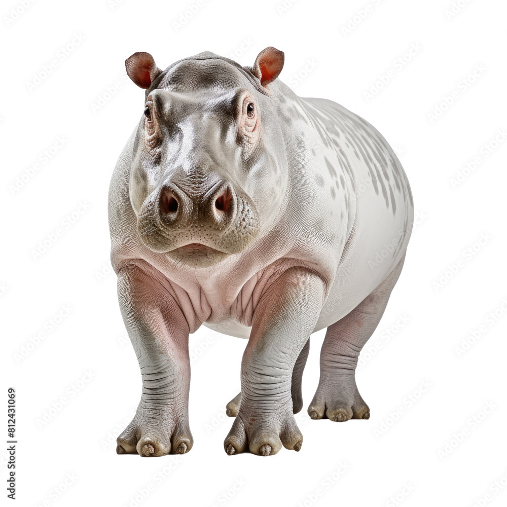 A large, white hippopotamus stands on a grassy plain. on a transparent background. A large, white hippopotamus stands on a grassy plain. on a transparent background.