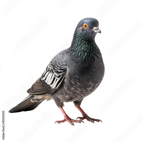 A gray pigeon with a white belly and a black head is standing on the ground.