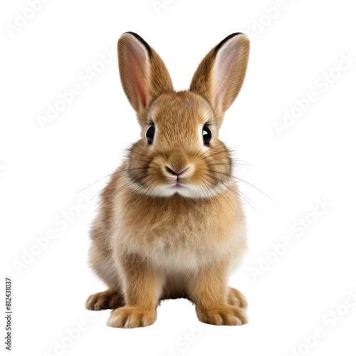 A cute brown bunny is sitting on a white background. The bunny has its ears perked up and is looking at the camera.