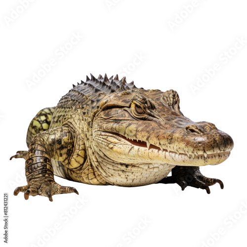 AI-generated photo of a crocodile, with a black background. The crocodile is in focus and has a slightly open mouth, showing its teeth. © Autaporn