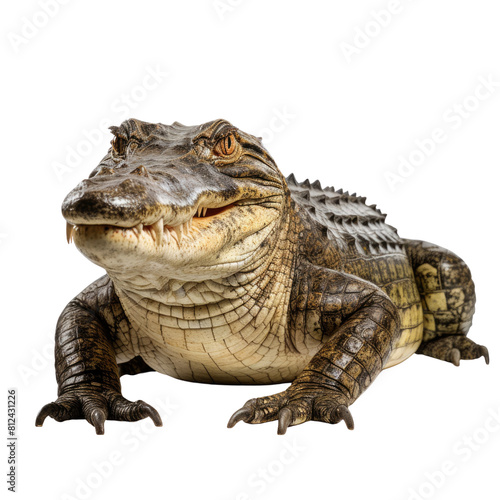 AI-generated photo of a smiling alligator. It has smooth  shiny skin and looks like it is about to pounce.