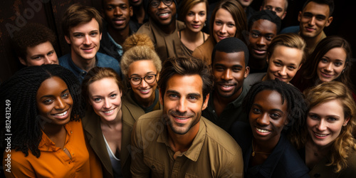 Diverse Group Portrait  Multiethnic Smiling Faces Looking Up  Representing Unity and Community in Modern Setting