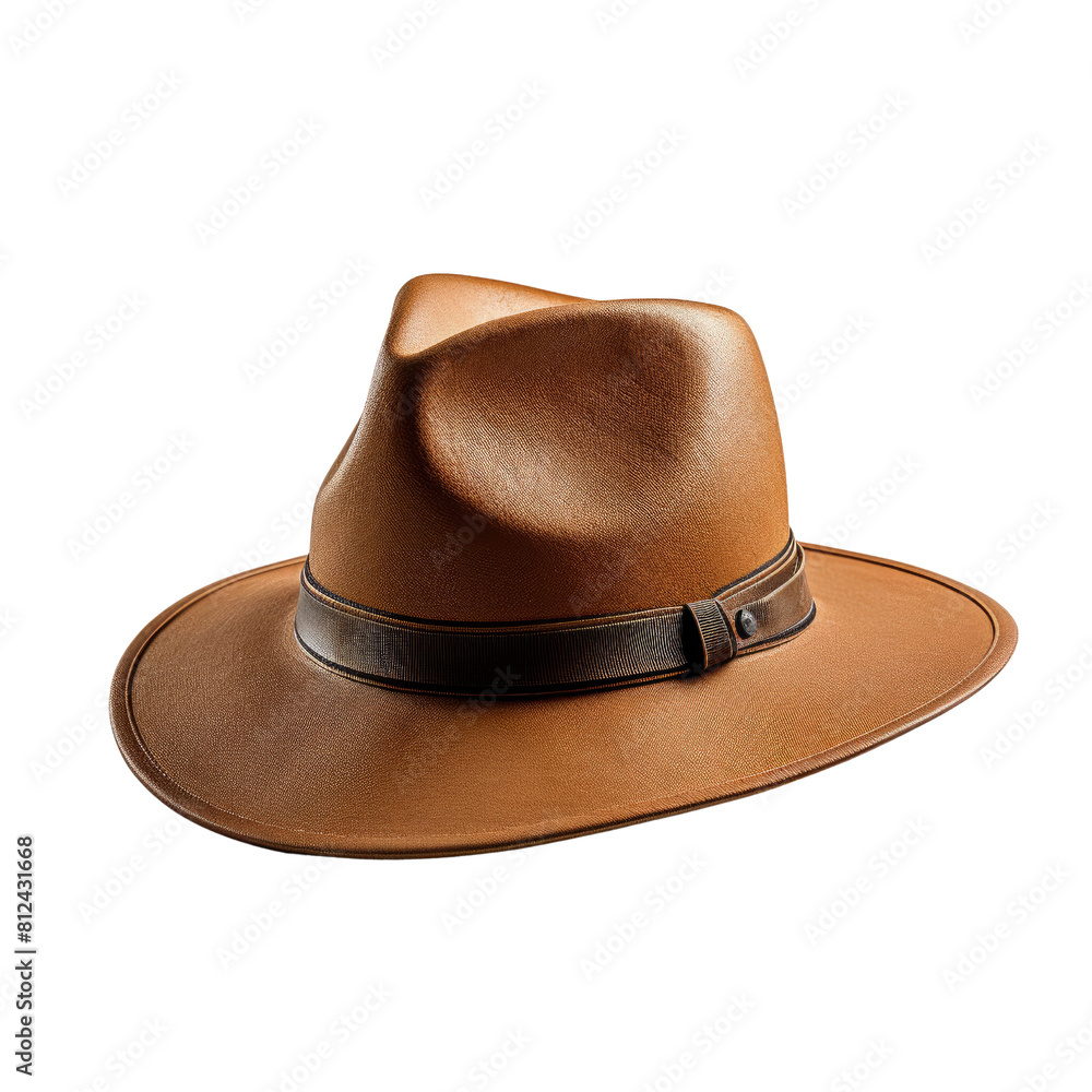 This is a brown leather adventurer hat. It has a wide brim and a brown band around it. The hat is perfect for keeping the sun out of your eyes while you're on your next adventure.