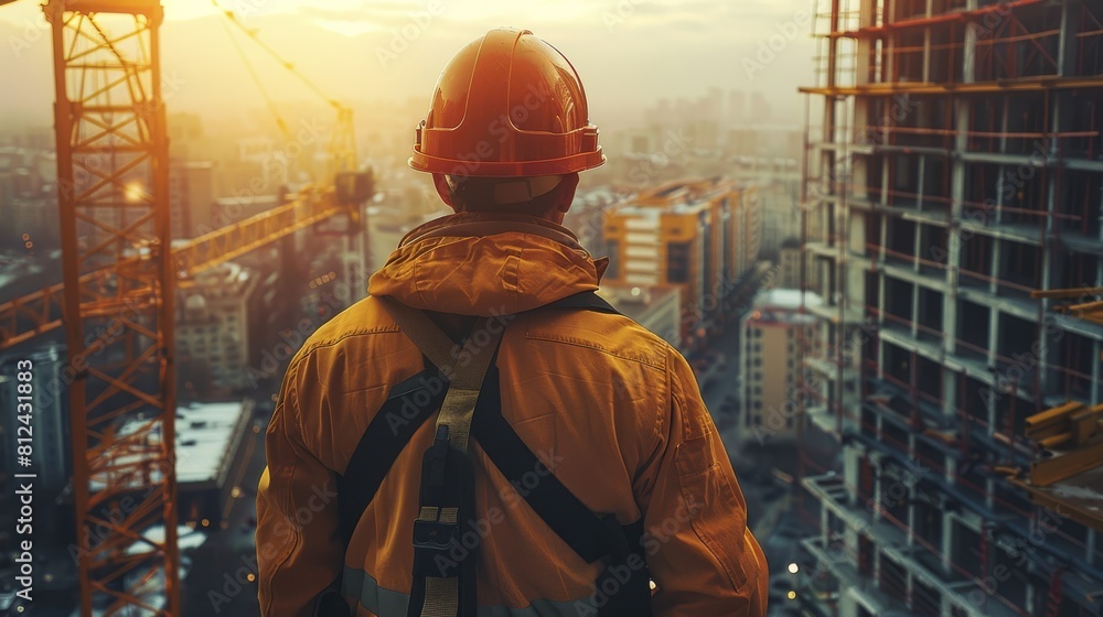 A construction worker on a high-rise building site, wearing a hard hat and safety gear. Generative AI. A construction worker on a high-rise building site, wearing a hard hat and safety gear. Generative AI.