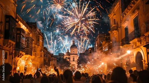 Vibrant Maltese Festa with Fireworks and Cultural Procession in Historic Village photo