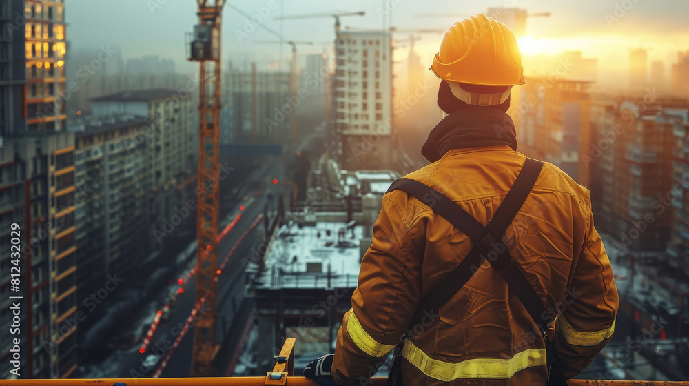 A construction worker on a high-rise building site, wearing a hard hat and safety gear. Generative AI. A construction worker on a high-rise building site, wearing a hard hat and safety gear. Generative AI.