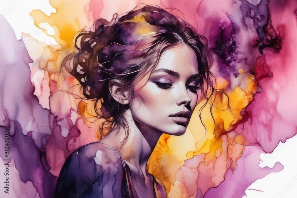 Young and beautiful girl portrait liquid acrylic painting. Elegant fashion woman with makeup watercolor illustration in purple, yellow and pink colors. Banner with copy space
