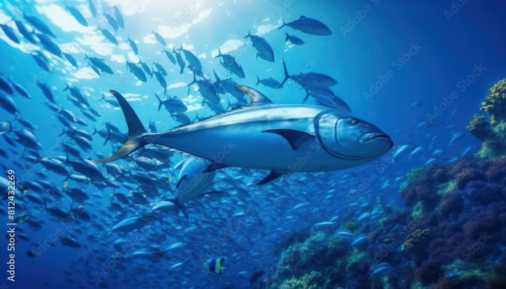 Fototapeta premium Groups of giant Tuna fish in the underwater, coral reef, amazing underwater life, various fish and exotic coral reefs, ocean wild creatures background