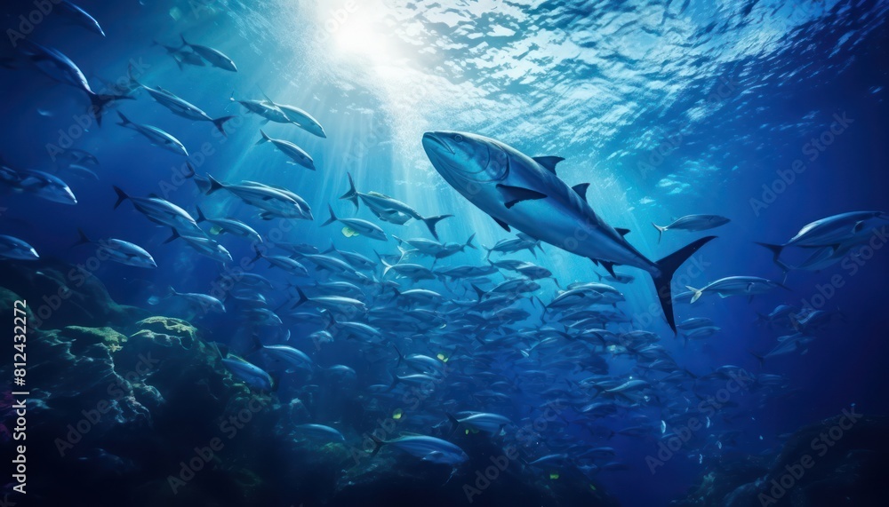 Fototapeta premium Groups of giant Tuna fish in the underwater, coral reef, amazing underwater life, various fish and exotic coral reefs, ocean wild creatures background