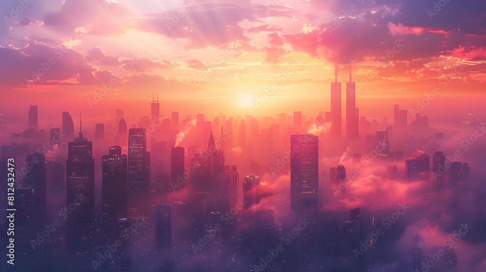 Radiant Cityscape Silhouetted Against Glowing Sunrise Sky