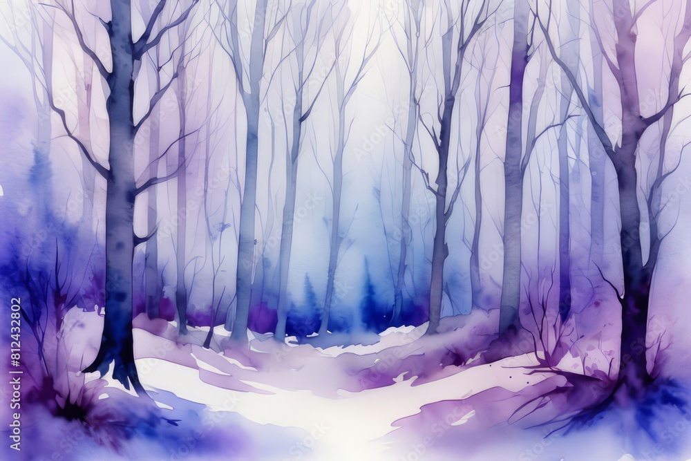 Obraz premium Watercolor painting of foggy winter forest in blue and grey colors. Abstract misty forest illustration for Christmas cards, prints, posters, banners, backgrounds