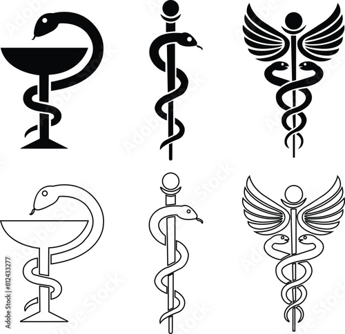 Set of Caduceus snake icons Flat Styles. Rod of Asclepius signs. Medical center, pharmacy, hospital with popular symbols of medicine. Medical health care logo editable stock on transparent background.
