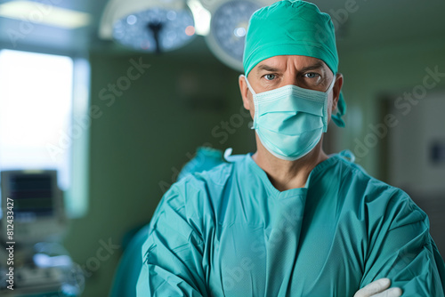 A man in a green surgical outfit is wearing a mask and standing in front of a surgical light