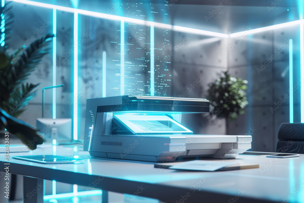 Futuristic Holographic Printer in a Minimalist Office Setting Futuristic Holographic Printer in a Minimalist Office Setting