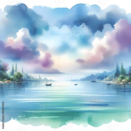 lake with clouds in watercolor style