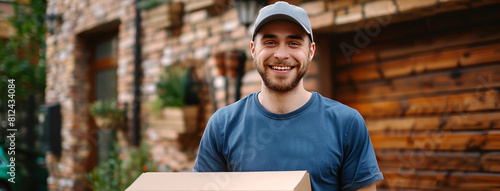 Delivery service banner photo with handsome boy with cute smile and wearing a cap, holding a closed unbranded pizza box and waiting for the customer at door step       photo
