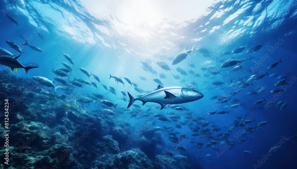Obraz premium Groups of giant Tuna fish in the underwater, coral reef, amazing underwater life, various fish and exotic coral reefs, ocean wild creatures background