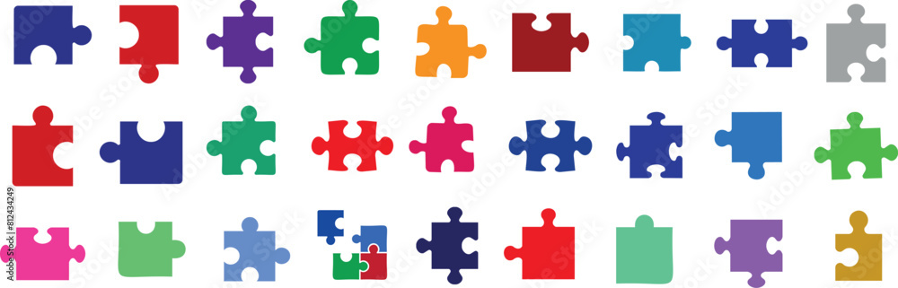 Colorful puzzle pieces, variety puzzle shapes, isolated white background. Vibrant jigsaw puzzle vector set for educational content, children’s learning material, teamwork concept Colorful puzzle pieces, variety puzzle shapes, isolated white background. Vibrant jigsaw puzzle vector set for educational content, children’s learning material, teamwork concept