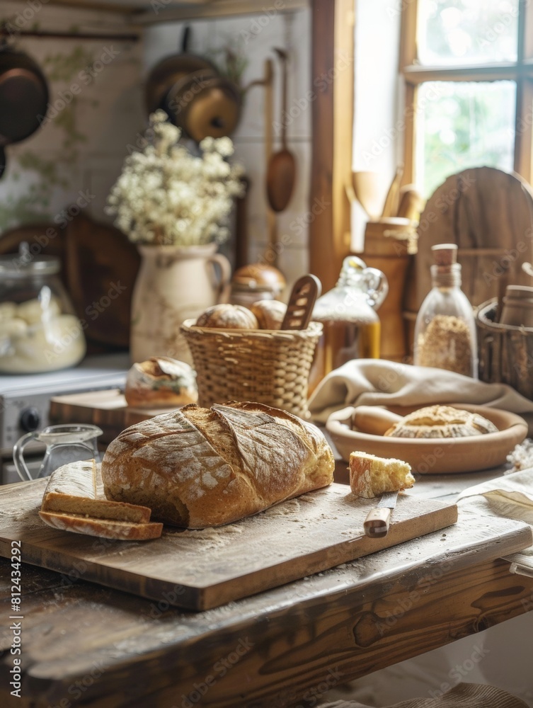 A wooden cutting board holding a variety of homemade bread and other items, creating a cozy and inviting culinary display. Generative AI A wooden cutting board holding a variety of homemade bread and other items, creating a cozy and inviting culinary display. Generative AI