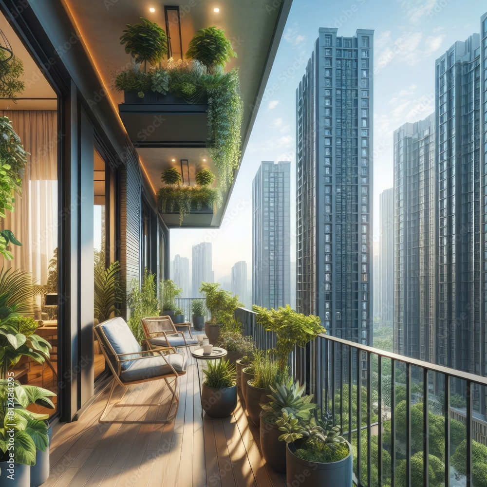 Balcony Oasis: Green Plants and Lounge Chairs Amidst Towering Buildings Balcony Oasis: Green Plants and Lounge Chairs Amidst Towering Buildings
