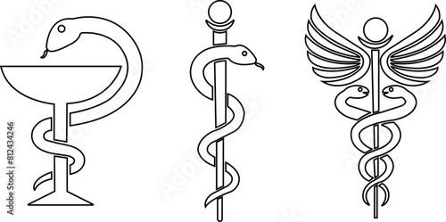 Set of Caduceus snake icons line Styles. Rod of Asclepius signs. Medical center, pharmacy, hospital with popular symbols of medicine. Medical health care logo editable stock on transparent background.