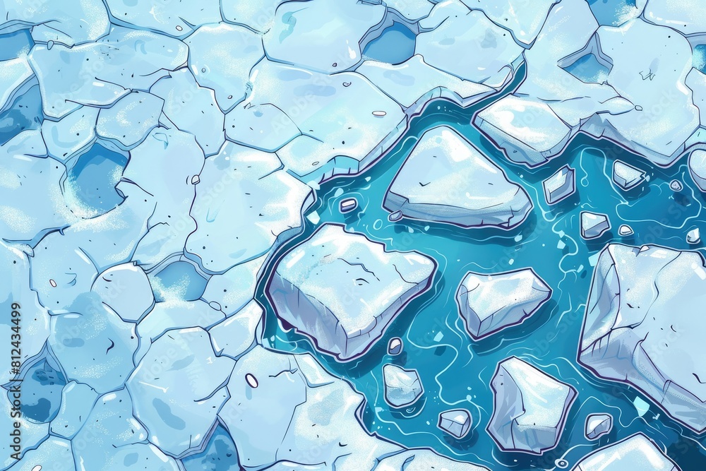 A cartoonish drawing of a frozen landscape with a river of water running through it. The water is surrounded by large, jagged rocks, giving the scene a sense of danger and isolation A cartoonish drawing of a frozen landscape with a river of water running through it. The water is surrounded by large, jagged rocks, giving the scene a sense of danger and isolation