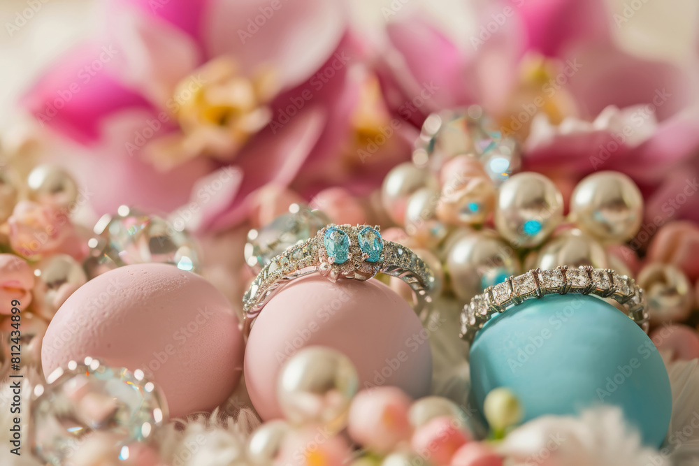 Elegant Easter Jewelry Display on Pastel Eggs for Festive Season Sale Elegant Easter Jewelry Display on Pastel Eggs for Festive Season Sale