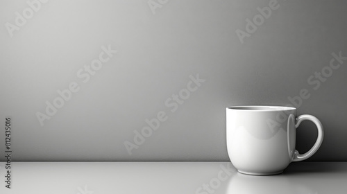 A white coffee cup sits on a table in front of a gray wall