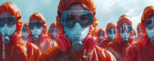 A satirical depiction of a fashion show where the latest trend is designer protective masks and airfiltered suits photo