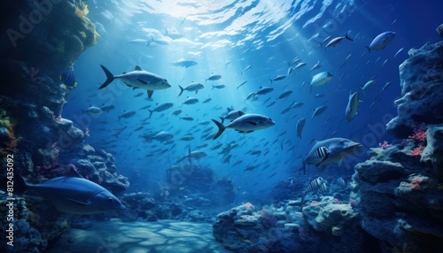 Groups of giant Tuna fish in the underwater  coral reef  amazing underwater life  various fish and exotic coral reefs  ocean wild creatures background