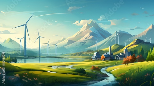 An illustration of renewable energy sources like wind turbines and solar panels powering a city for Earth Day.
