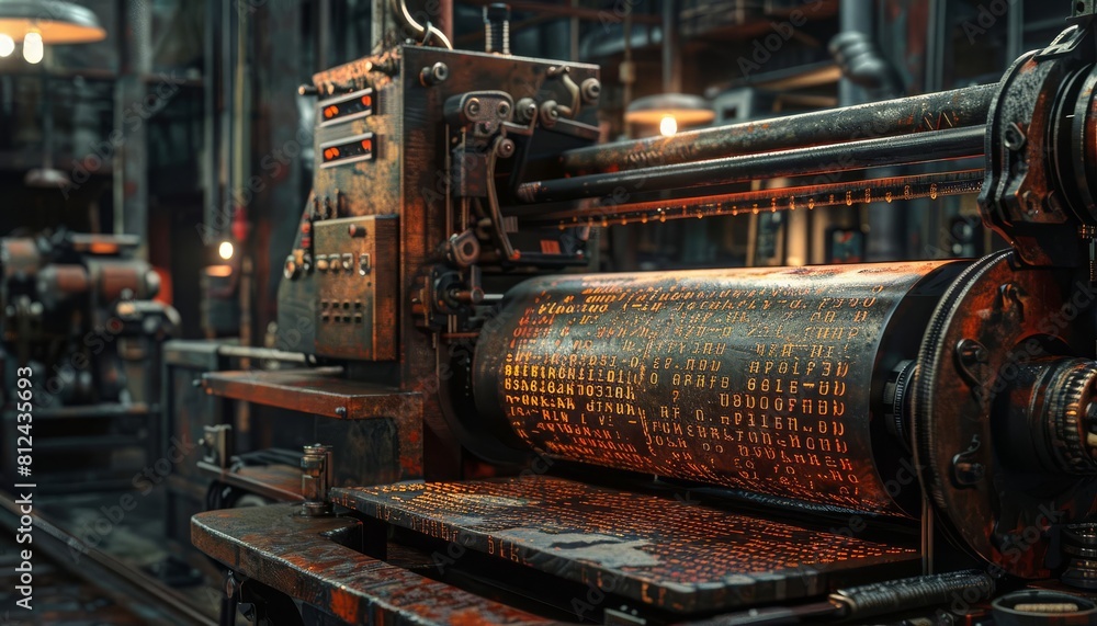 A scene depicting a currency printing press that s printing out digital codes instead of banknotes A scene depicting a currency printing press that s printing out digital codes instead of banknotes
