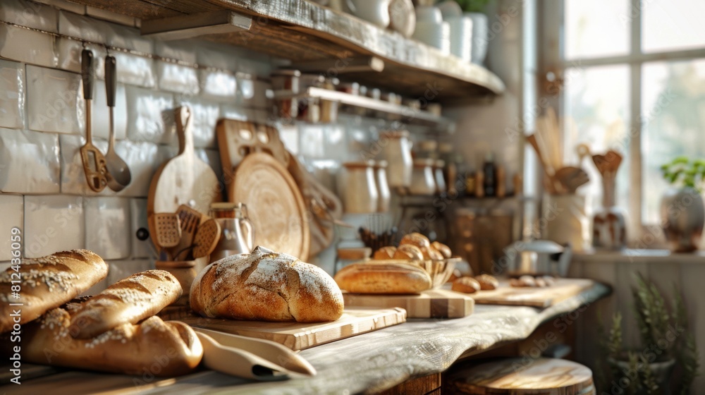 A cozy kitchen countertop overflowing with freshly baked bread loaves, buns, and pastries. Generative AI A cozy kitchen countertop overflowing with freshly baked bread loaves, buns, and pastries. Generative AI