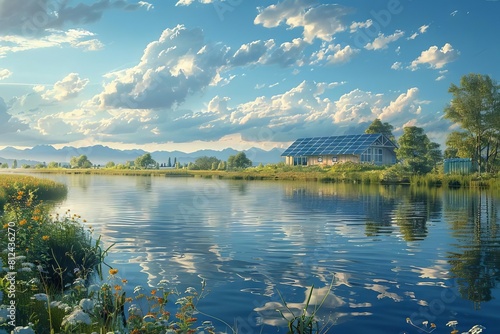 A scene of a serene lake that doubles as a solar panel surface  reflecting the sky while powering nearby homes