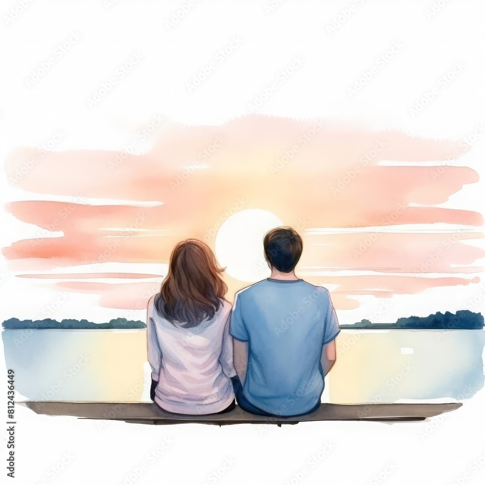 romantic illustration of a couple watching a sunset
