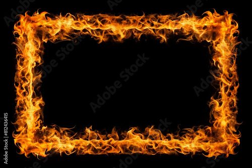 Rectangular frame made of burning flames fire in the shape of a rectangle, isolated on black background