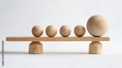 wooden scale supporting four little balls and one large ball