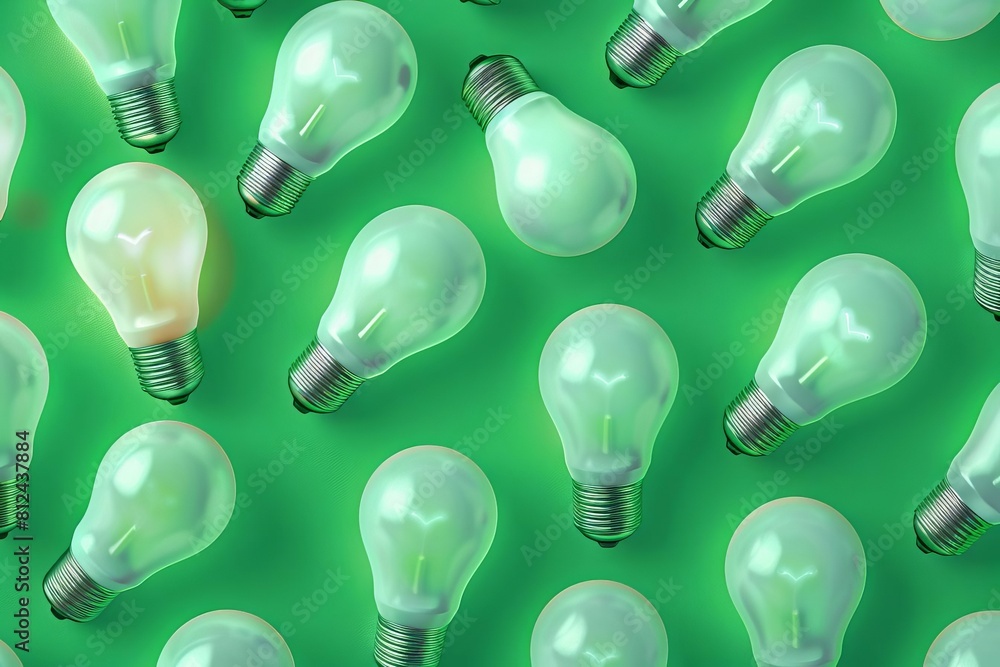 A seamless pattern of white ecofriendly light bulbs with a green glow, suitable for wallpaper or background designs A seamless pattern of white ecofriendly light bulbs with a green glow, suitable for wallpaper or background designs