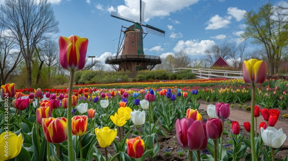 Obraz premium windmill country's landscapes as you take in the breathtaking views of colorful tulips swaying in the gentle breeze, creating a scene of pure tranquility