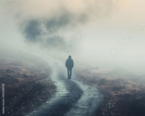 A Solitary Figure Treading a Winding Path Shrouded in Misty Melancholy